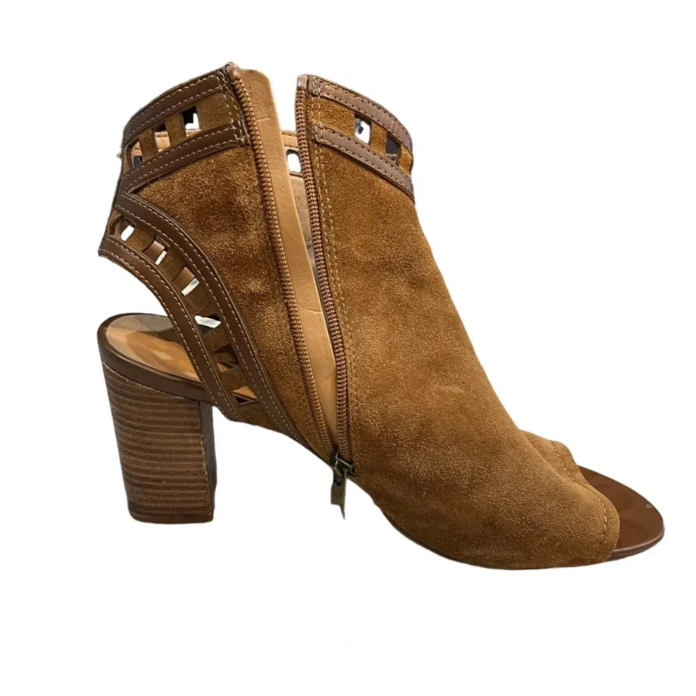 Franco Sarto 9.5 Greenwich Cognac Heeled Ankle Boots Booties Open Back Peep Toe - Picture 9 of 12
